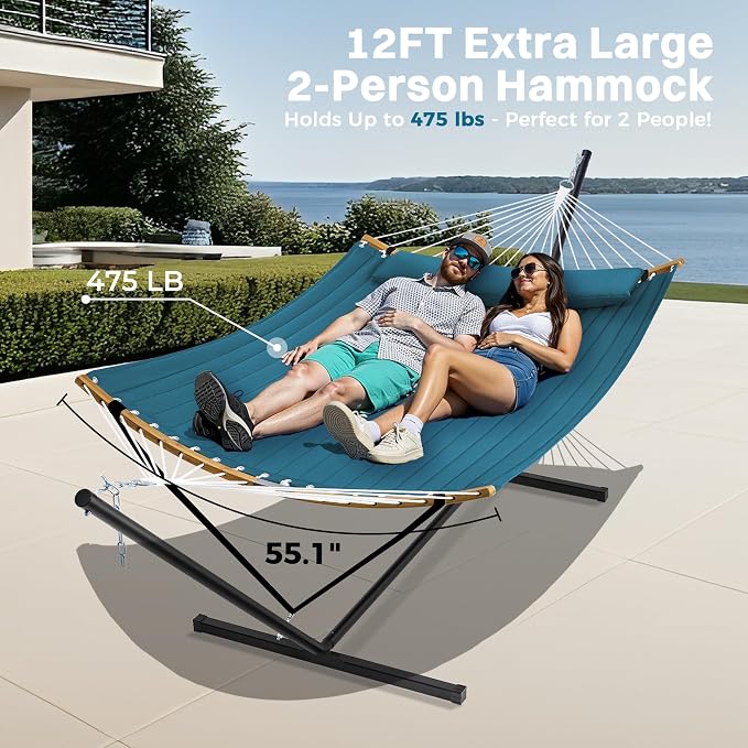 SUPERJARE Curved-Bar Hammock with Stand, 2 Person Heavy Duty Hammock Frame, Detachable Pillow & Portable Carrying Bag, Perfect for Outdoor & Indoor, Peacock Blue - Image 3