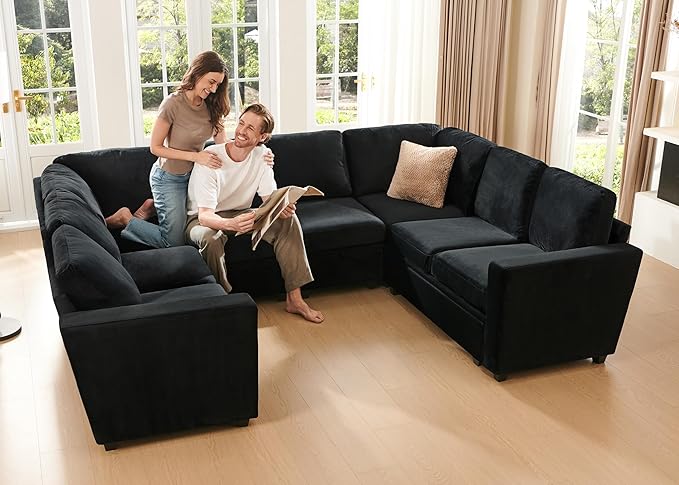 HONBAY Modular Sectional Couch with Storage, Velvet U-Shaped Sectional Sofa with Storage Ottoman Convertible U-Shaped Sofa for Living Room, Black