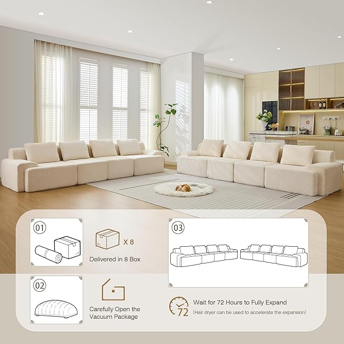 Modular Sectional Sofa, 6 Seat Modular Couch, Modular Sofa with Deep Seat and Detachable Pillow (White, 8 Pieces-Rowshape 2 Side)