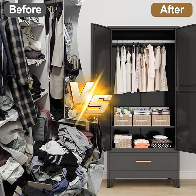Metal Armoire Wardrobe Closet Storage Cabinet with 2 Doors Black, 71'' Wardrobe Cabinet with Hanging Rod Metal Closet with Adjustable Shelf and Drawer for Bedroom, Laundry Room, Cloak Room