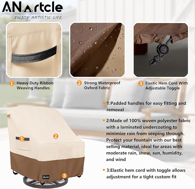 ANartcle Outdoor Swivel Lounge Chair Cover 2 Pack,600D Waterproof Heavy Duty Patio Chair Covers(35 W x 37 D x 38.5 H inches),Patio Swivel Chair Covers for Outdoor Furniture,Beige&Brown. - Image 4