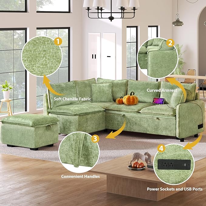 ERYE L-Shaped Corner Chenille Upholstered Sleeper Sectional Sofa Practical Convertible Sleep Sofabed W/Pull Out Sleep Couch Bed, Storage Ottoman and USB Charge Ports for Living Room