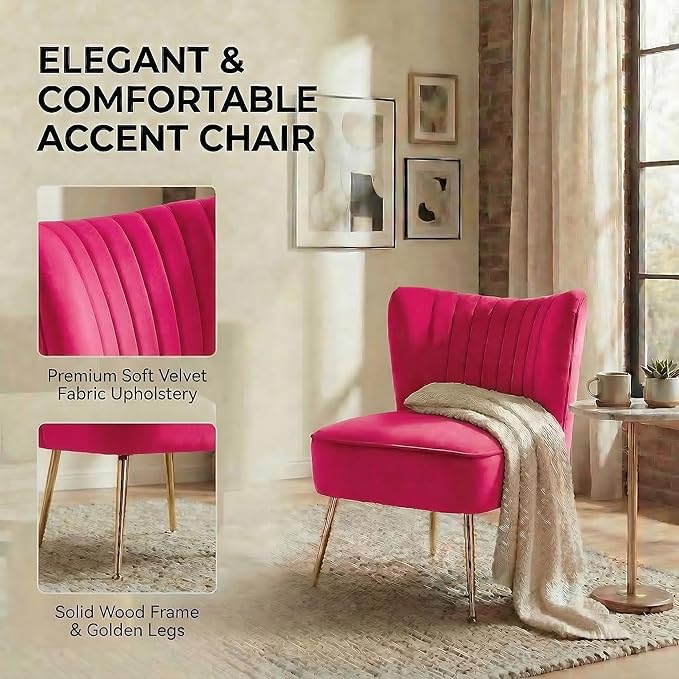DUOMAY Modern Accent Chair Set of 2 Velvet Slipper Chair with Gold Legs Wingback Side Chair for Living Room Bedroom Entryway Small Corner Chair for Space Saving, Rose Red