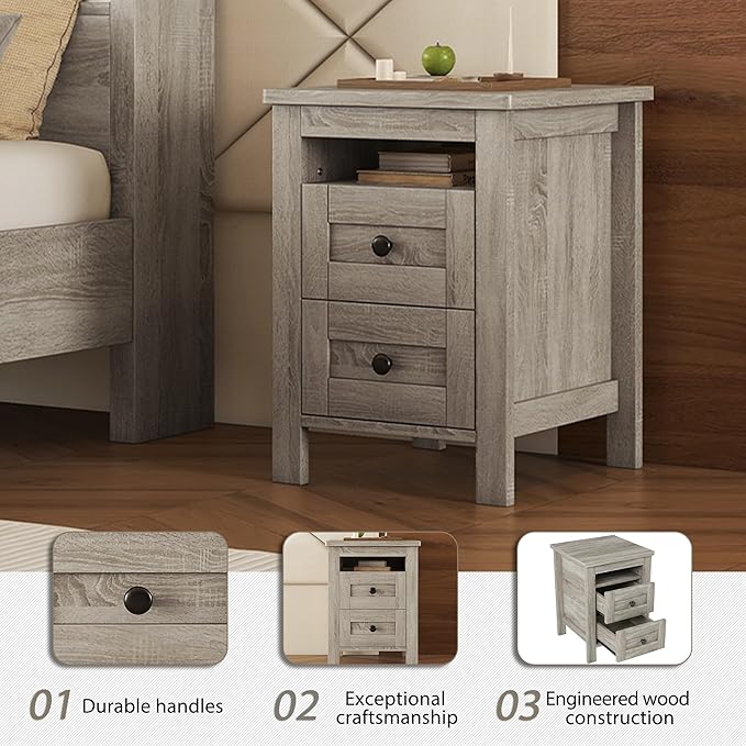 Harper & Bright Designs 3 Pieces Bedroom Set Full Size Platform Bed with Storage Headboard, Nightstand and Dresser, 3 Piece Wood Bedroom Furniture Set,Antique Gray