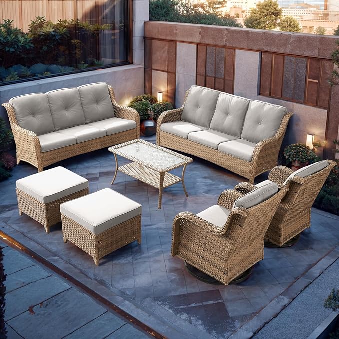 Rilyson Patio Furniture Swivel Chairs Set - 7 PC Wicker Rattan Outdoor Sectional Conversation Sets with 2 Rocking Chairs,2 Ottoman,2 Sofa and 1 Coffee Table for Porch Deck Garden(Yellow/Beige)