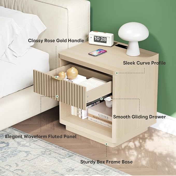ROCSUMOO Fluted Nightstand Set of 2 - Nightstands with Charger Station and LED Light, Large Modern Night Stand with Sensor, 22" Wide Nightstand (Light Wood) - Image 6