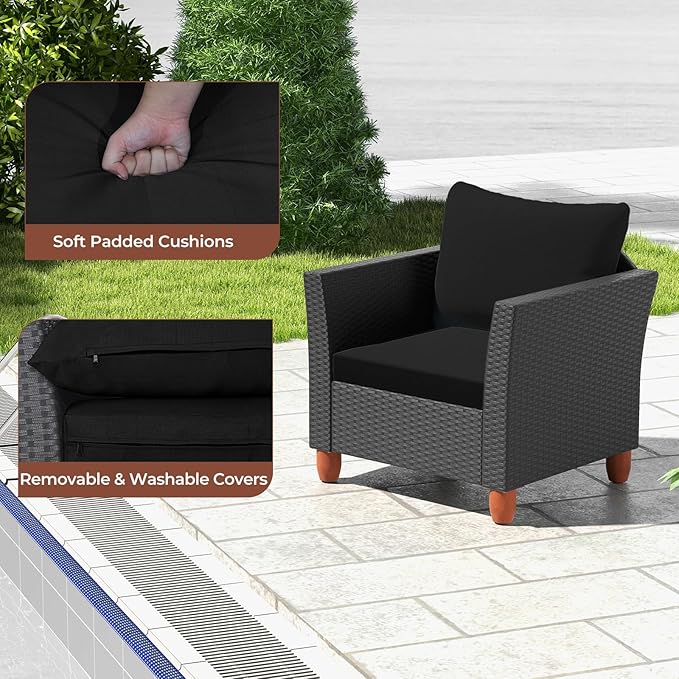 ORALNER 3 Pieces Patio Furniture Set, Outdoor Wicker Conversation Chairs with Cushion, Acacia Coffee Table, Rattan Bistro Set for Balcony Garden Backyard Front Porch Poolside (Black)
