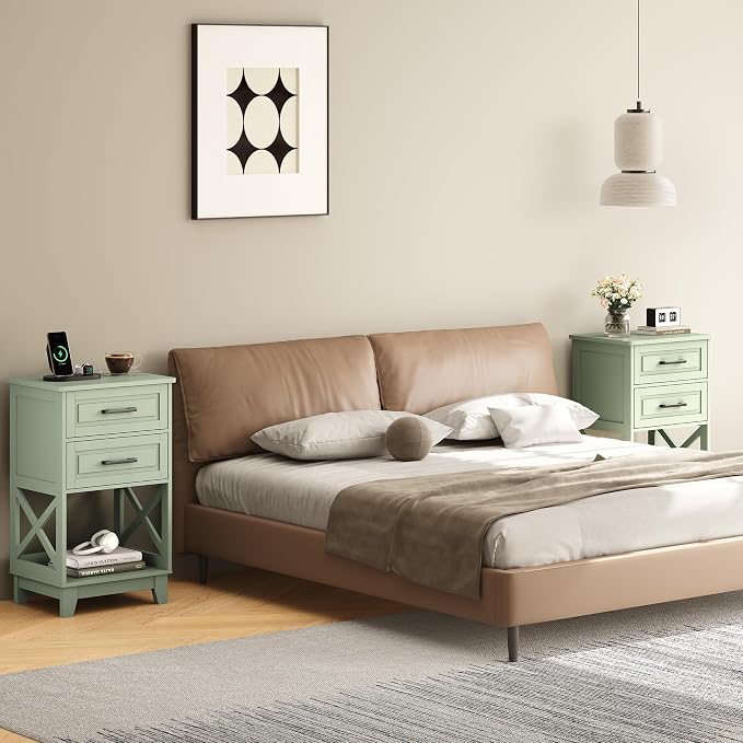 RoyalCraft 30" Tall Nightstand, Modern Painted Bedside Table with 2 Drawers and Open Shelf, Wood Side Table for Bedroom, Home Office, Green-Open Shelf Below, Set of 1 - Image 8