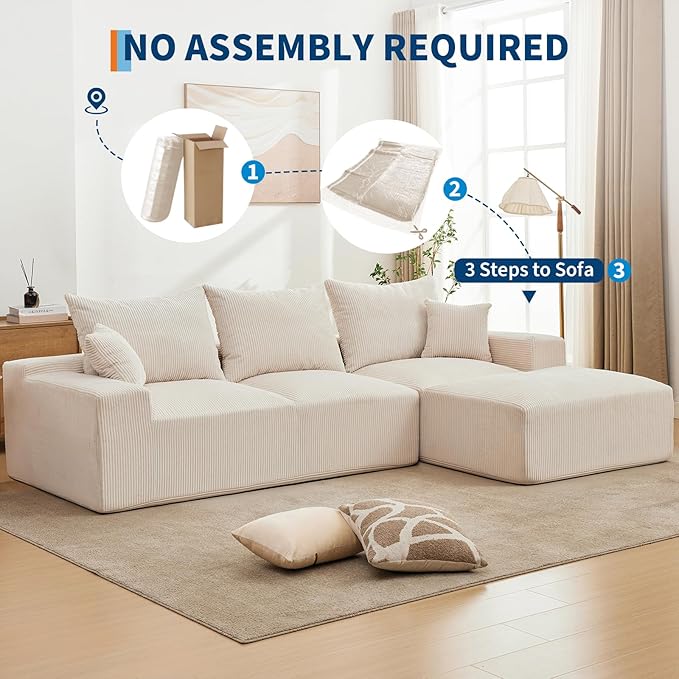 110" Modular Sectional Sofa Couches for Living Room, Cloud Memory Boneless Couch, No Assembly Required,Comfy Cloud 3-Seater Couch with Chaise, Memory Foam Sofa for Offices, Bedroom and Apartment