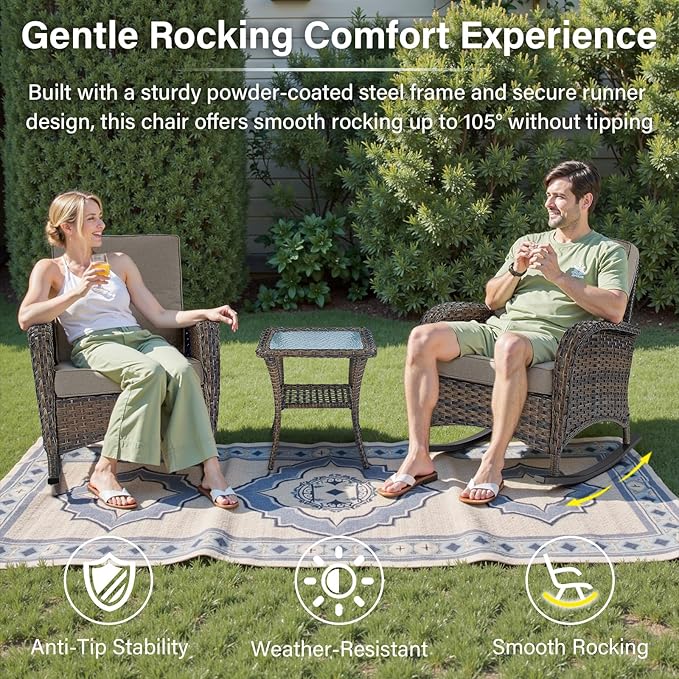Belord Patio Rocking Chair Wicker Chair, 1 Piece Outdoor Rocking Chair Seating with Cushions for Porch Deck Balcony, Brown/Gray