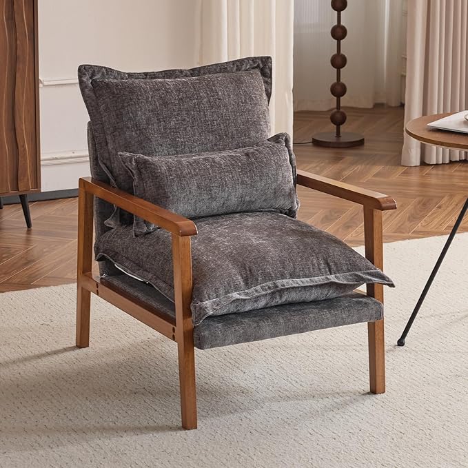 VINGLI Mid-Century Modern Cloud Accent Armchair with Lumbar Pillow, 6.3'' Thick Seat Cushion Comfortable Reading Chair with Wooden Armrests，Boho Lounge Chair for Bedroom, Living Room, Chenille, Grey