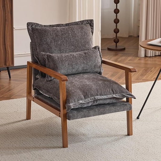VINGLI Mid-Century Modern Cloud Accent Armchair with Lumbar Pillow, 6.3'' Thick Seat Cushion Comfortable Reading Chair with Wooden Armrests，Boho Lounge Chair for Bedroom, Living Room, Chenille, Grey