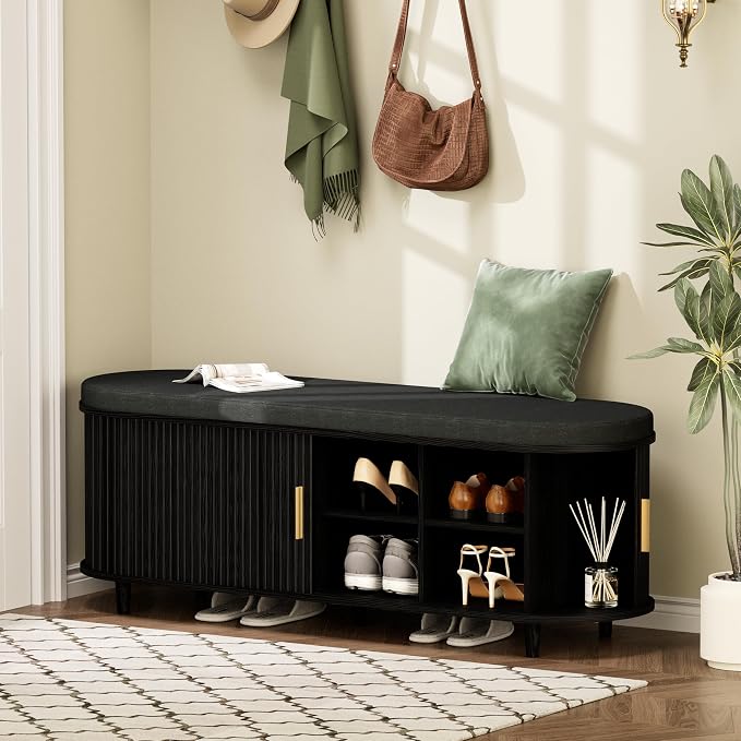 DHH 2-Tier Storage Bench,Wide Shoe Bench with Thickened Padded Seat Cushion, Mid Century Modern Fluted Sliding Door and Adjustable Shelf, for Entryway, Living Room, Bedroom (Black, 51.2”) by DHHFurnitureBuyNow