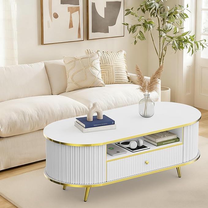 47" Fluted Coffee Table with LED Lights & Storage - Luxury Modern Oval Center Table for Living Room, Coffe Tables with Drawers, Curved Profile Design, Gold Metal Decor, White