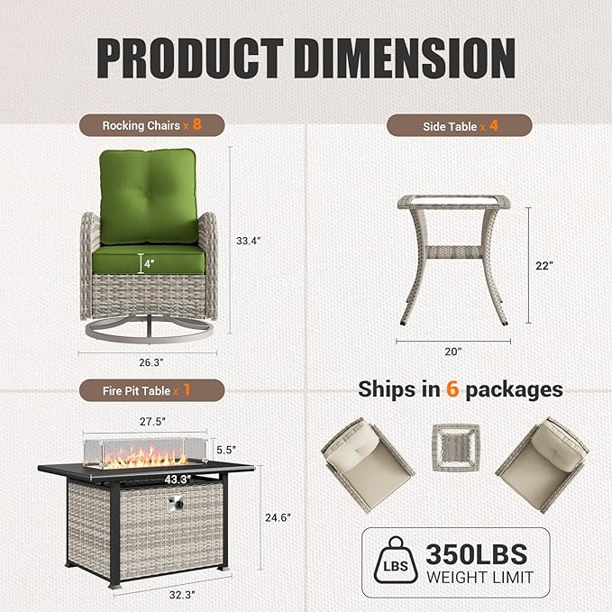 13Pcs Patio Rocking Swivel Chair with 55,000 BTU Fire Pit Table Outdoor Wicker Rattan Bistro Set with Tempered Glass Side Table, Patio Furniture Set for Garden and Balcony, Avocado Green