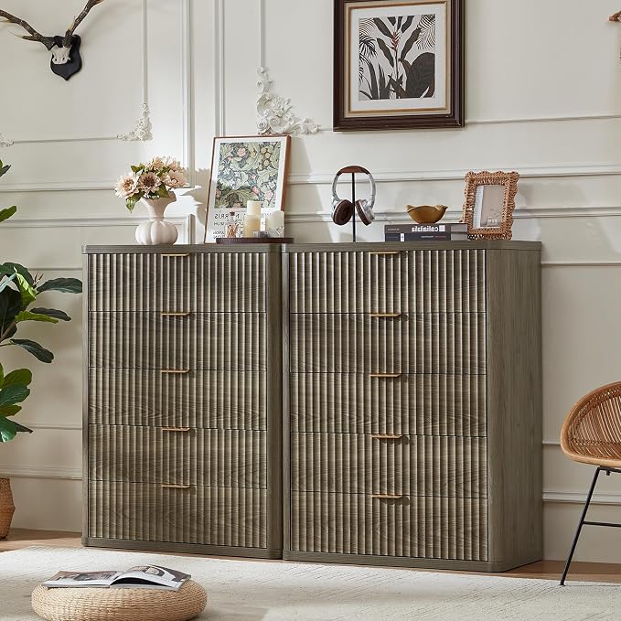 LEYAOYAO Fluted 5 Drawers Dresser for Bedroom, 41" Tall Modern Chest of Drawers with Metal Handle, Curved Profile Farmhouse Closet Organizer Wood Dressers TV Stand for Living Room, Hallway,Grey - Image 5