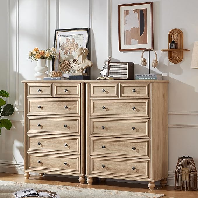 RWYHG Farmhouse 6 Drawer Dresser Set of 2, Natural Chest of Drawers, 43.5" Tall Dressers for Bedroom with Roman Column and Metal Handles, Wood Storage Organizer for Living Room, Hallway, Closet - Image 6