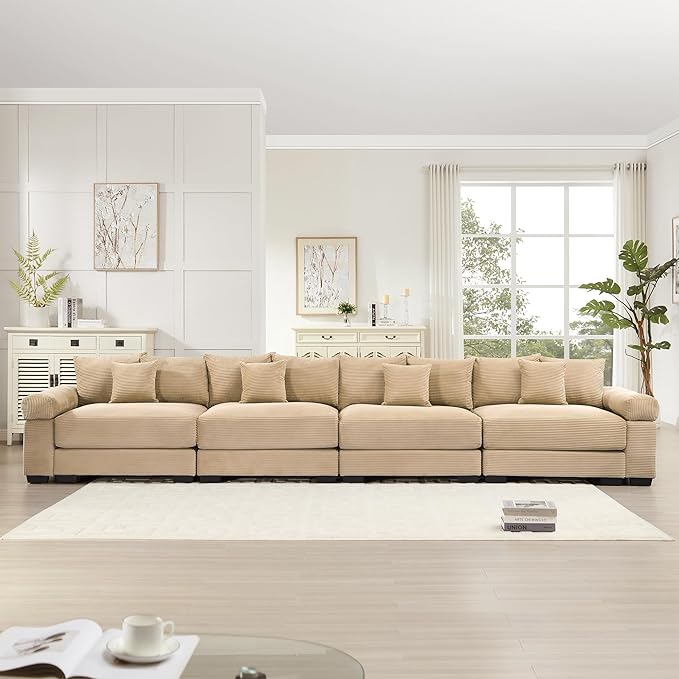 KEIKI 168" Oversized Corduroy Modular Cloud Sectional Sofa with High-Density Foam Cushions, Extra-Thick Armrest, Upholstered Modern 4-Seater Fluffy Corner Couch with 12 Pillow, for Living Room, Camel