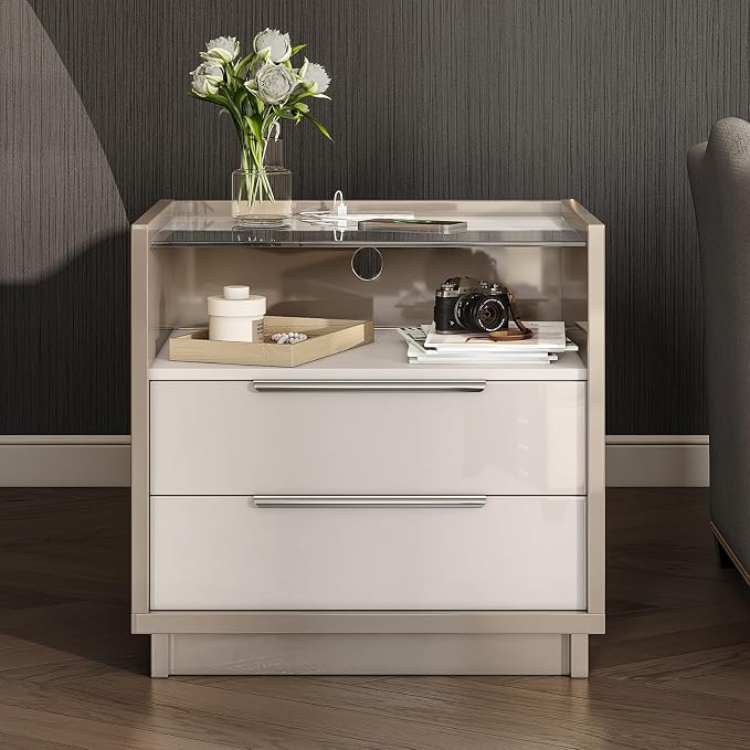AMERLIFE 23.6" Nightstand, High Gloss End Table with Glass Tabletop, Modern Bedside Table with Charging Station, 2 Drawers Nightstand for Bedroom, Cream & Gray - Image 3
