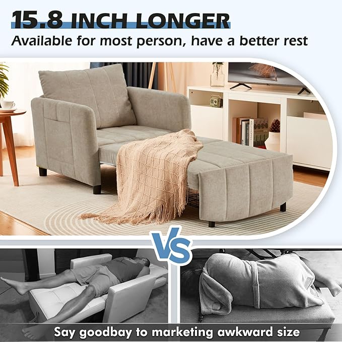 ZZW Sleeper Chair 84" Extra Long Convertible Chair Bed Upgraded 3-in-1 to 4-in-1 Pull Out Chair & Single Sofa Bed for Adult Sleeping Chairs for Living Room & Small Space