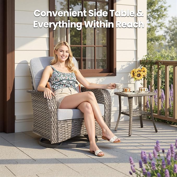 Weaxty Outdoor Swivel Rocker Patio Chairs, 3 Pieces Patio Furniture Set with Rocking Chair and Wicker Side Table, Outdoor Furniture Conversation Set for Porch, Deck, Yard, Balcony, Light Gray