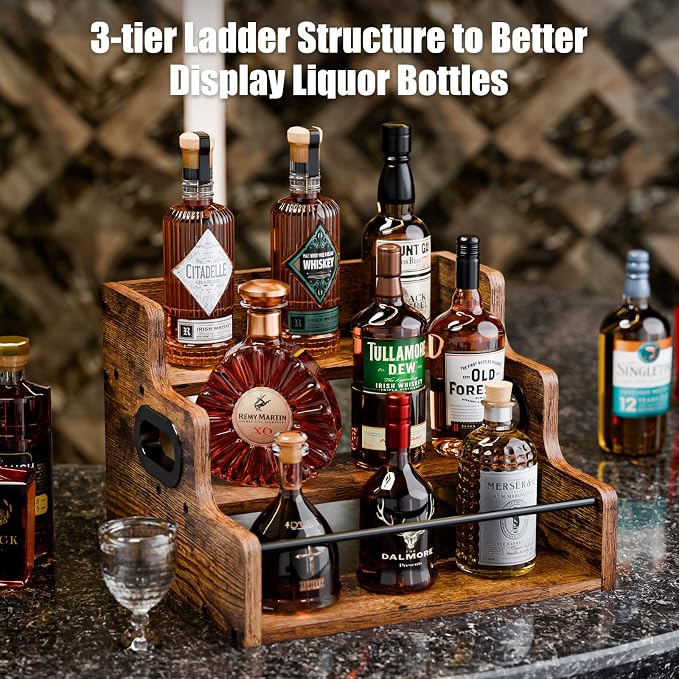 KLM Liquor Bottle Display Shelf, Coffee Syrup Rack Organizer, 3 Step Countertop Liquor Wine Rack, mini bar,liquor cabinet, Home Retro Bar Shelf Stand for Liquor Whiskey, Spirits - Image 5