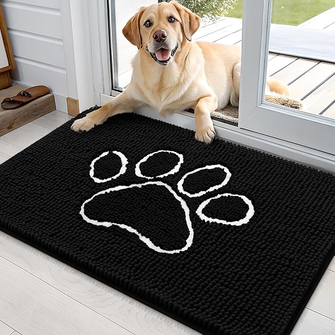 OLANLY Dog Door Mat for Muddy Paws 36x24, Paw Print Design, Absorbs Moisture and Dirt, Absorbent Non-Slip Washable Doormat, Quick Dry Chenille Mud Mat for Dogs, Entry Indoor Entryway Carpet, Black by OLANLY