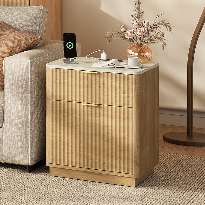 24” Tall Nightstand - Fluted Night Stand with Charging Station Faux Marble Top Bedside Table with Curved Profile Design for Bedroom/ 2 Drawer, Natural Wood - Image 4