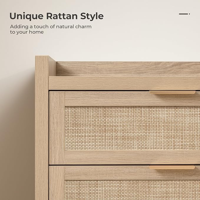 SICOTAS Dresser for Bedroom Chest of Drawers 46" Tall Dresser for Closet with 5 Rattan Drawers Boho Nightstands Set of 3 Large Clothes Storage Cabinet TV Stand for Living Room Hallway Nursery Entryway - Image 4