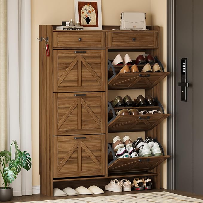 BORNOON Shoe Cabinet for Entryway, Farmhouse Shoe Storage Cabinet with 6 Flip Drawers and 2 Top Drawers, Tall Narrow Shoe Organizer Cabinet with Adjustable Shelves, Side Hooks and Anti-Tip Kit - Image 4