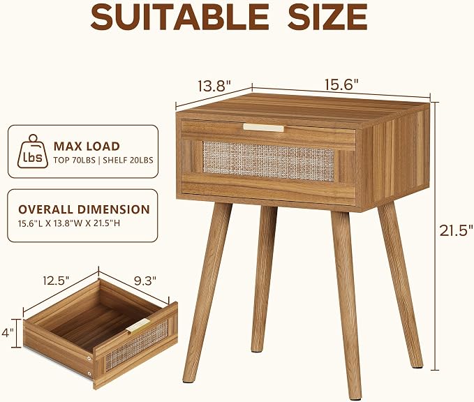 LAZZO Set of 2 Bedroom Nightstands Wooden Night Stands with Rattan Weaving Drawer Home Bedside End Table for Bedroom Storage - Image 3
