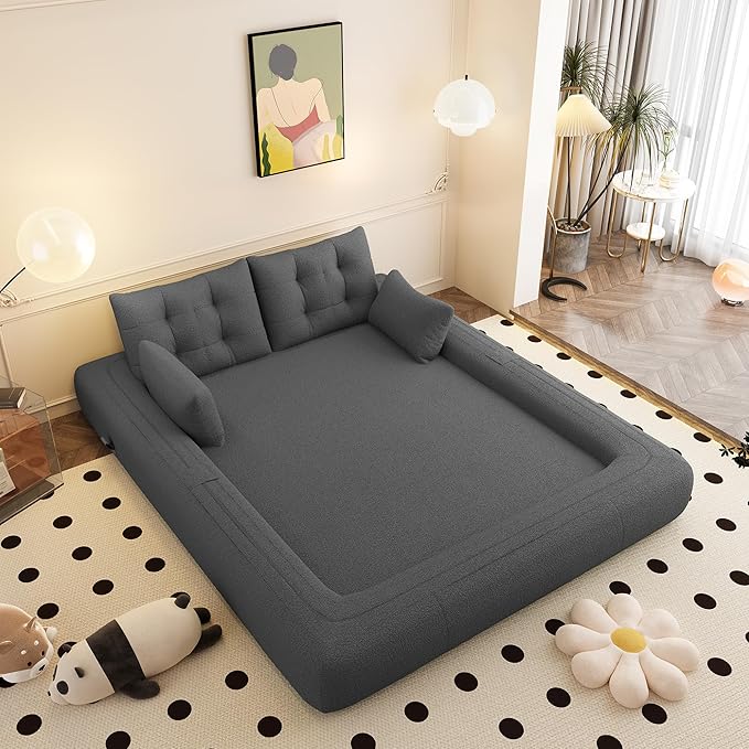 78.7" Convertible Sofa Bed, 3-in-1 Folding Floor Couch with 4 Pillows, Sleeper Sofa for Living Room and Guest Bed, No Assembly Required (Grey, Teddy Fabric)