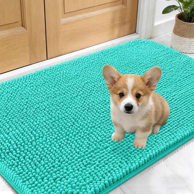 OLANLY Dog Door Mat for Muddy Paws 30x17, Absorbs Moisture and Dirt, Absorbent Non-Slip Washable Doormat, Quick Dry Chenille Mud Mat for Dogs, Entry Indoor Entryway Carpet for Inside Floor, Teal by OLANLY