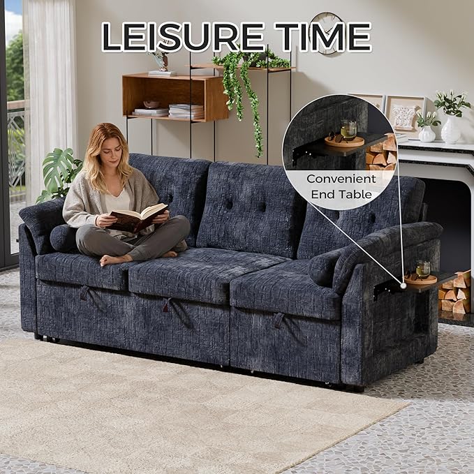 3 in 1 Convertible Sofa Bed, Chenille Pull Out Couch with Side Table, 3 Seat Pull Out Sofa Bed with Level Adjustable Backrest, Comfy Sleeper Sofas for Living Room, Apartment, Blue