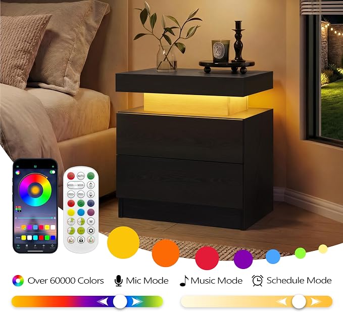 i-aplus Black Night Stand Set 2 Modern Bedside Tables with 2 Drawers Bedroom Night Stands Set of 2 LED Night Stand for Bedroom - Image 6