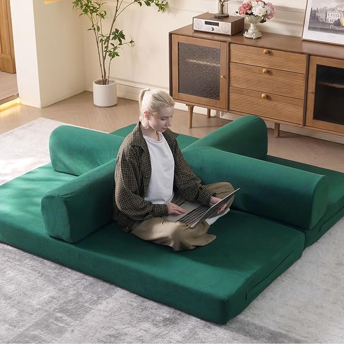 79" Convertible Sleeper Sofa Bed with Cylindrical Pillow, Corduroy Folding Mattress Couch with Fixed-Shape Frame, Floor Sofa Lounge Couch for Living Room Bedroom Lounge Studio (Green)