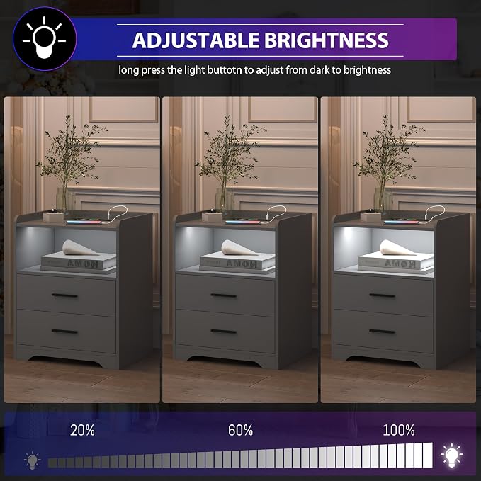 dnbss Grey Night Stand with Wireless Charging Station, Nightstand with 2 Drawers, Smart Bedside Table with 24-Color RGB Lighting, Modern LED Lighted Nightstand for Bedroom - Image 5