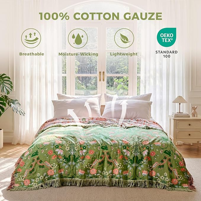 Boho Throw Blanket for Bed 100% Cotton Soft Lightweight Quilt Room Decor Green Spring Bed Blankets,Floral Garden Embroidery Reversible All Season Twin Blankets for Sofa Couch Chair 60"x80"