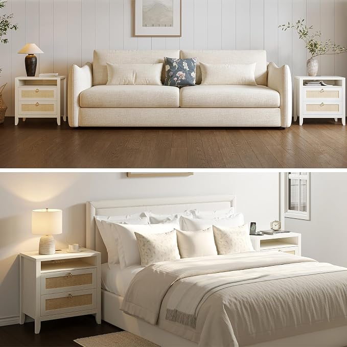 Dowinx 23.6" White Night Stand Set of 2, Large Rattan Nightstands with Charging Station 2 Drawers and Strage Shelf, Boho Night Stand Set of 2, Bed Side End Tables Dresser for Bedroom, Cream White - Image 8