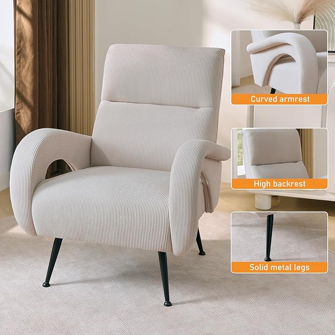 Corduroy Living Room Accent Chairs, Comfy High Back Reading Chair with Curved Arms and Solid Legs, Upholstered Armchair for Bedroom, Reading Nook, Apartment, Beige