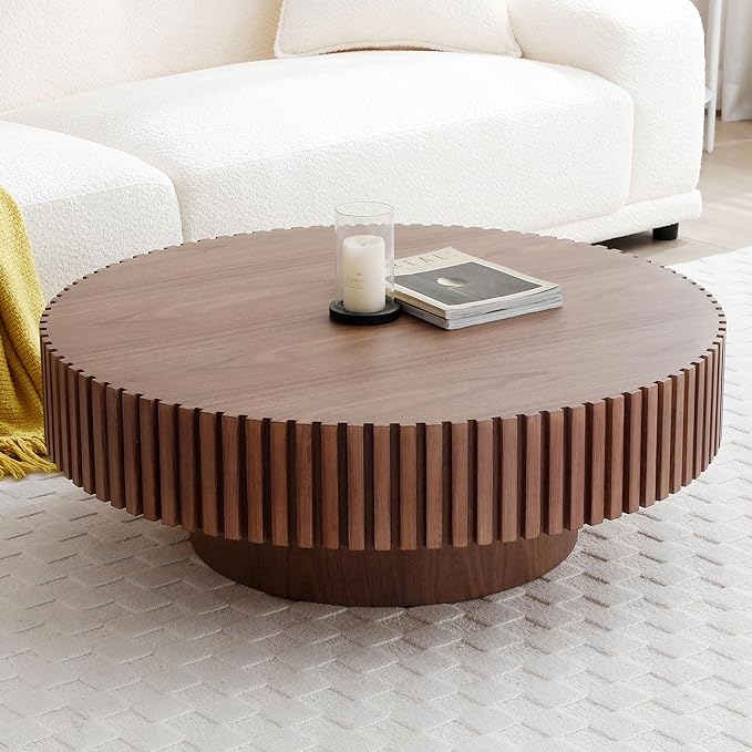 WILLIAMSPACE 31.49" Walnut Round Coffee Table, Modern Luxury Wood Circle Drum Center Table for Living Room, Accent Side End Tea Table for Apartment, ø31.49'' x 13.77''H (Walnut)