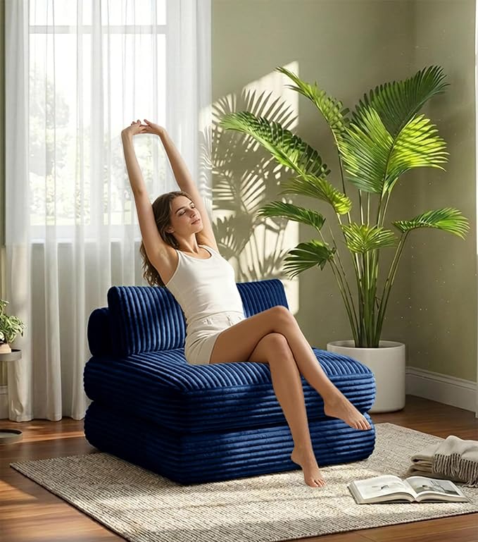 Plush Corduroy Folding Sofa Bed, Free Setup Floor Beds, 34" Boneless Couch for Small Spaces, Corner Chair, Convertible Sleeper Chair, Corner Couch, Foldable Sleeper Sofa Beds, Blue
