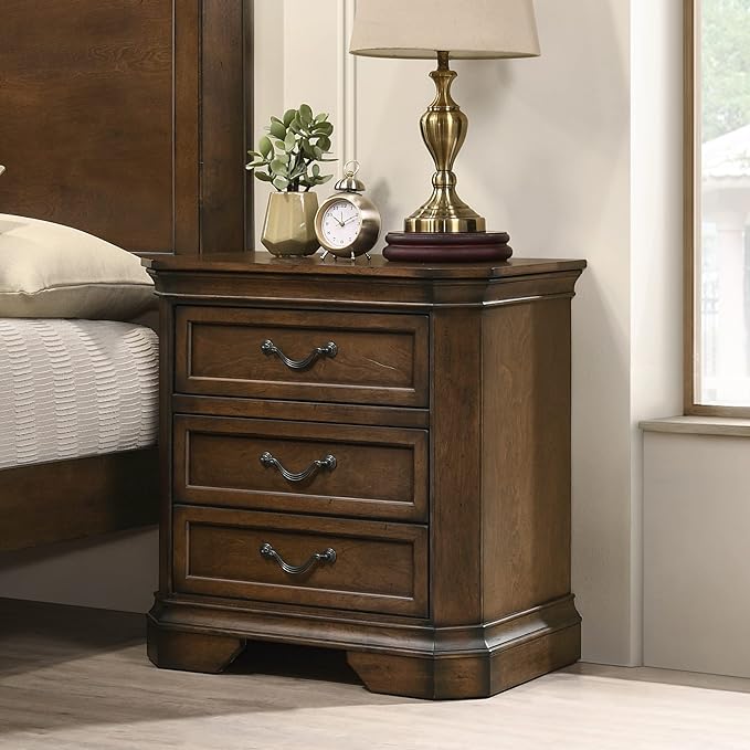 Roundhill Furniture Maderne 3-Piece Bedroom Set with Queen Size Panel Bed and Two Nightstands, Antique Walnut Finish