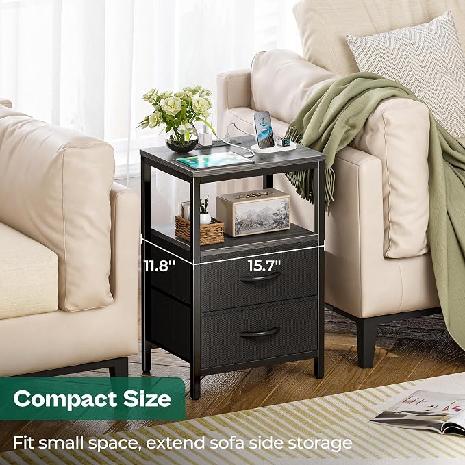 Huuger Nightstand with Charging Station, Side Table with Fabric Drawers, End Table with Open Shelf, Bedside Table with USB Ports and Outlets, Night Stand for Bedroom, Charcoal Gray - Image 5