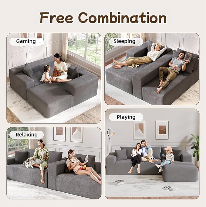 L-Shape Cloud Sectional Sofa, 104” Modern Modular Boneless Couch with Left Chaise Lounge, Compressed Floor Sofa with 5 Pillows & Deep Seat, Rain Drop Velvet Couch for Living Room, Light Gray