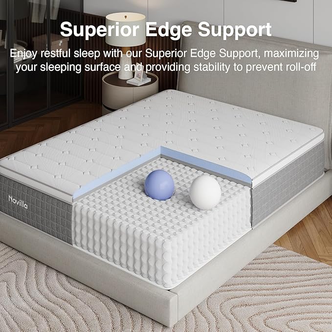 Novilla 14 Inch Queen Size Mattress,Hybrid Queen Mattress with Gel Memory Foam, Cool-to-Touch Nylon Blend & Pocketed Coils for Adaptive Body Support & Motion Isolation CertiPUR-US Certified