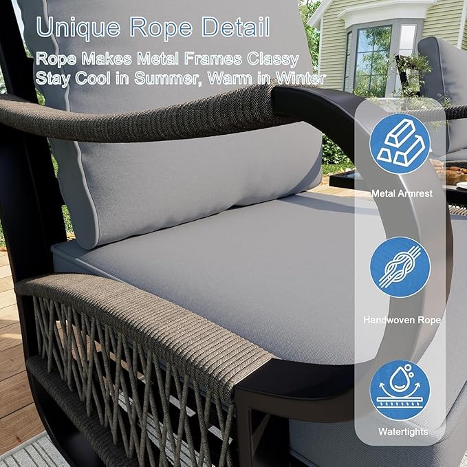 3 Pieces Patio Conversation Sets, All Weather Metal Outdoor Furniture Set 2 Three-Seater Sofas with Fire Pit Table for Backyard Garden Deck Porch Poolside, Gray