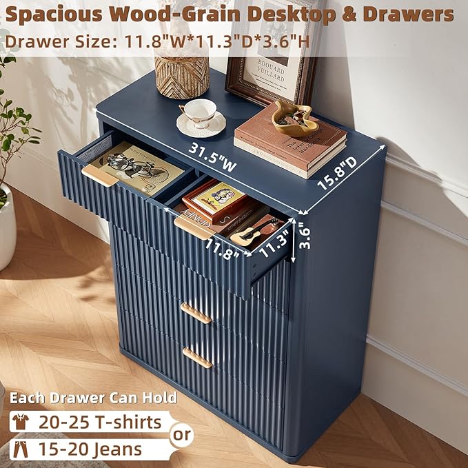LEYAOYAO 42" Tall Fluted Dresser and 2 Drawers 23" Nightstand Set of 2, Wooden Dresser & Night Stand with Charging Station, 3 Piece Bedroom Furniture Set, Chest of Drawer for Living Room,Navy Blue