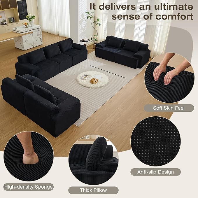 Modular Sectional Sofa, Boneless Couches for Living Room, Corduroy Couch, Big Comfy Couch, Modular Cloud Sofa with Deep Seat (Black, 7 Pieces-Rowshape 3 Side)