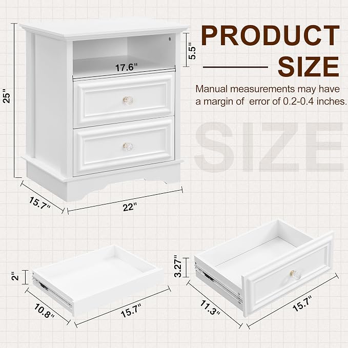 Yechen White Nightstand Set of 2, 25" Tall Farmhouse Bedside Table with Hidden Drawer and 1 Open Shelf, Wood Rustic Night Stand with Drawers for Bedroom - Image 3